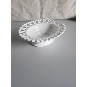 Vintage Milk Glass Pedestal Footed Lace Edge Oval Dish Bowl 9"